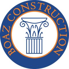 Blue and orange Boaz Construction logo with a central illustration of a classical column.