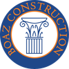 Blue and orange Boaz Construction logo with a central illustration of a classical column.