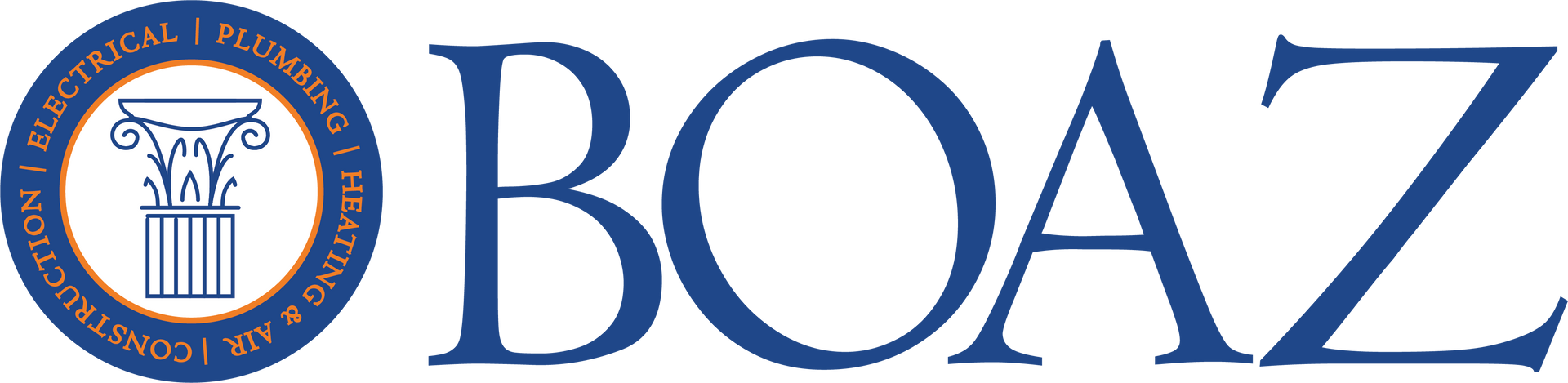 Logo with text "BOAZ" in blue. Includes a circular blue emblem with white text.