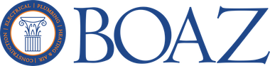 Logo with text "BOAZ" in blue. Includes a circular blue emblem with white text.