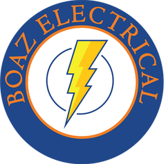 Logo for Boaz Electrical, blue circle with orange border. Yellow lightning bolt in the center, 