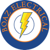 Logo for Boaz Electrical, blue circle with orange border. Yellow lightning bolt in the center, 