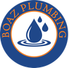 Boaz Plumbing logo: blue and orange circular design with water drops over ripples.