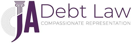 Law office logo with purple diamond-shaped emblem containing