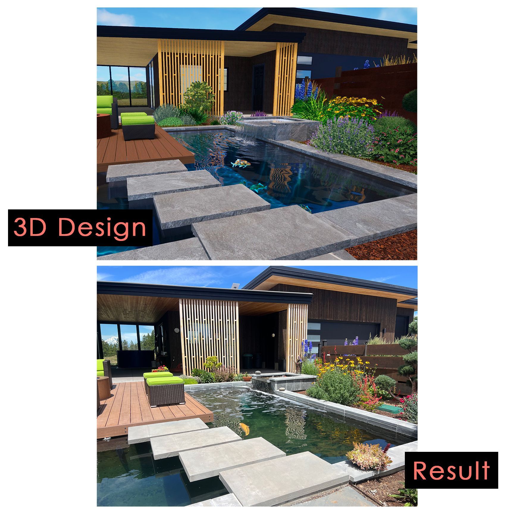 Comparison of a 3D design and its result: a modern house with a pond, stepping stones, and landscaping.