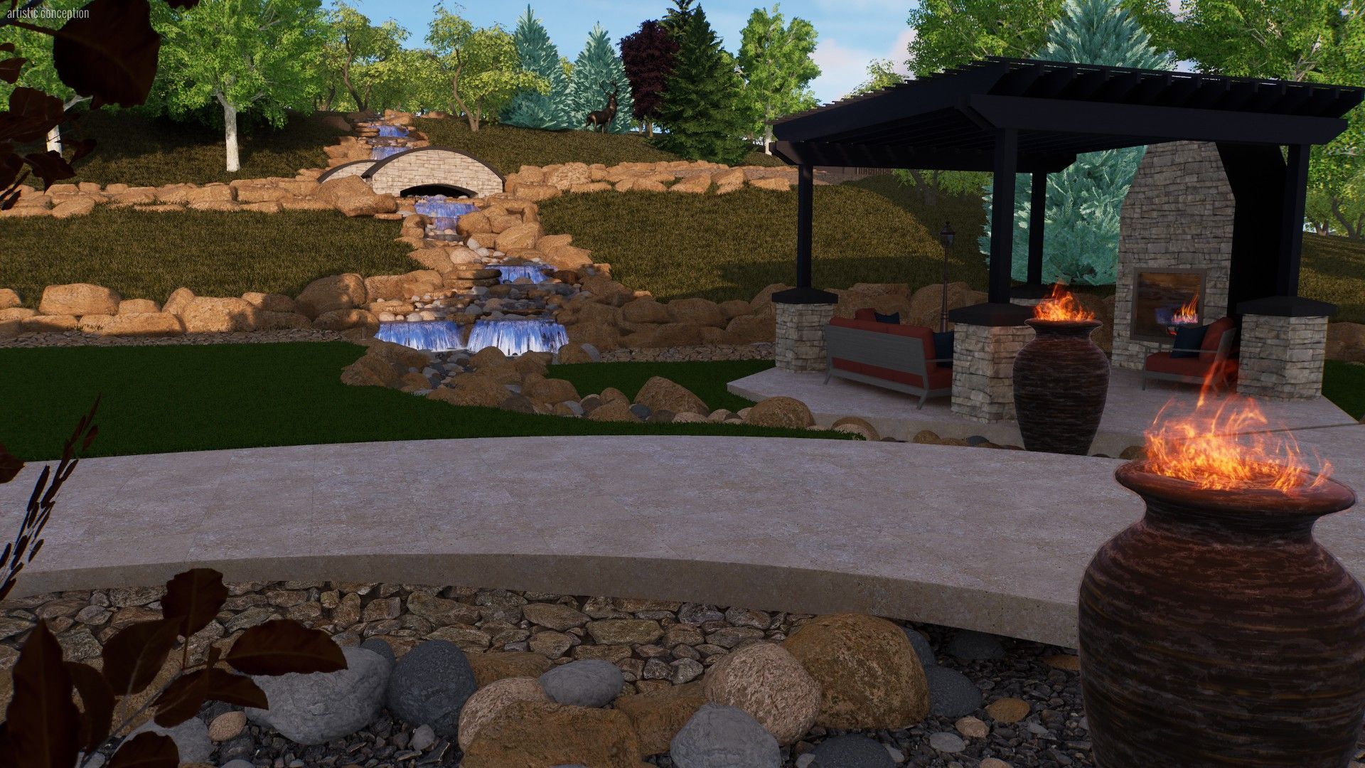 Stone garden pathway with fire bowls, a gazebo, and a small waterfall at dusk