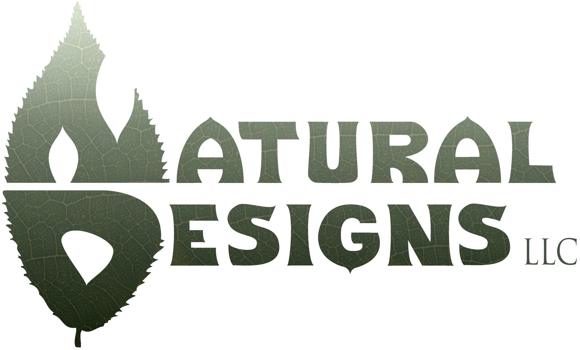 A logo for natural designs llc with a leaf in the middle
