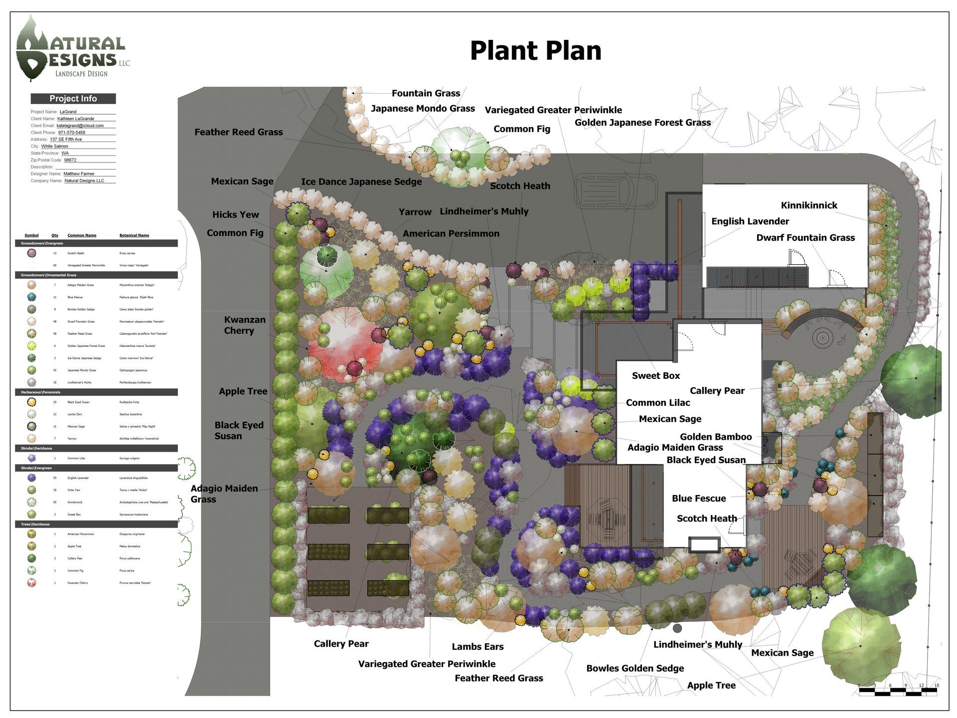 Plant plan layout showing garden beds, walkways, and plant labels.