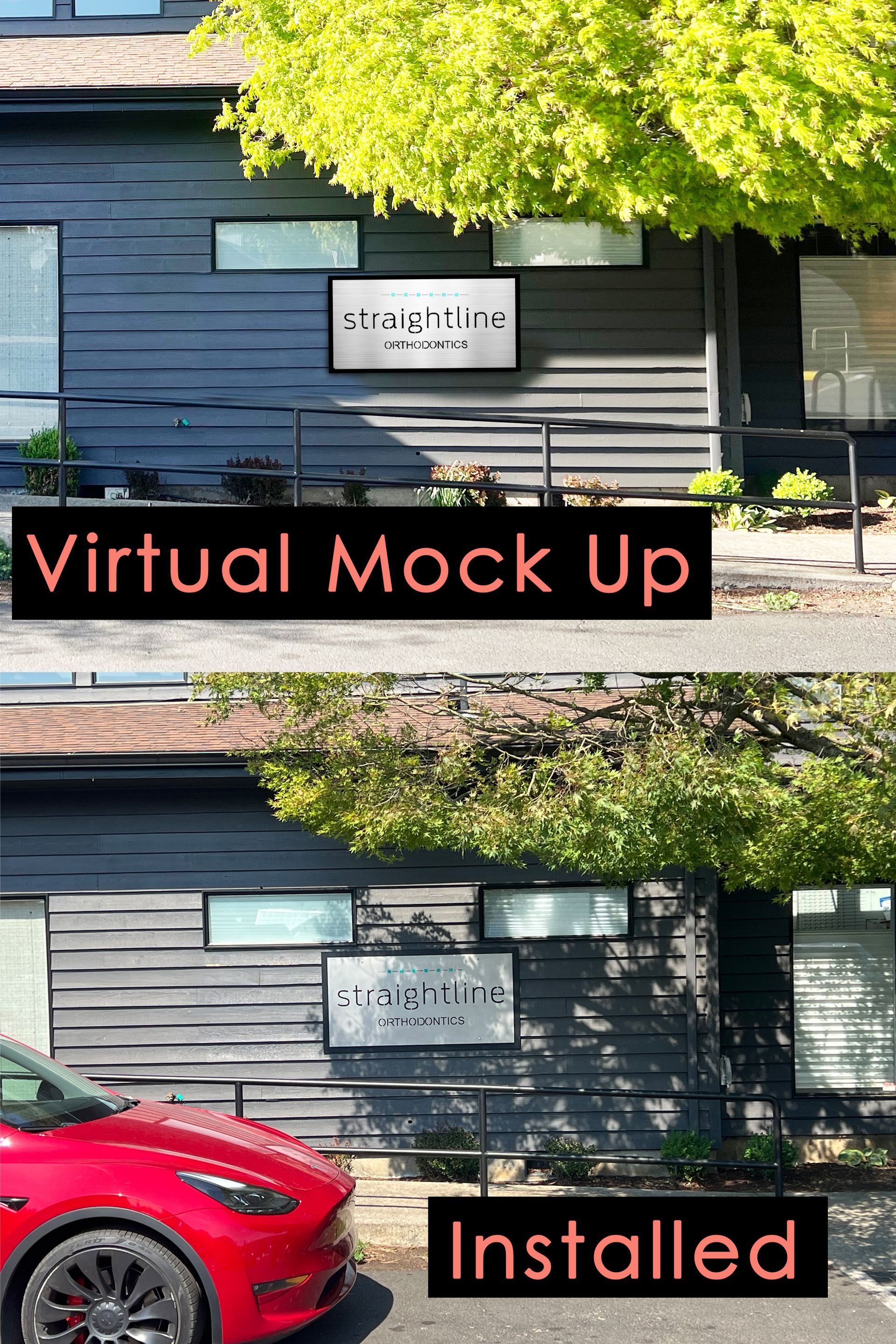 Comparison of a building's virtual mockup and installed sign. Building has black siding. Red car in foreground of installed photo.