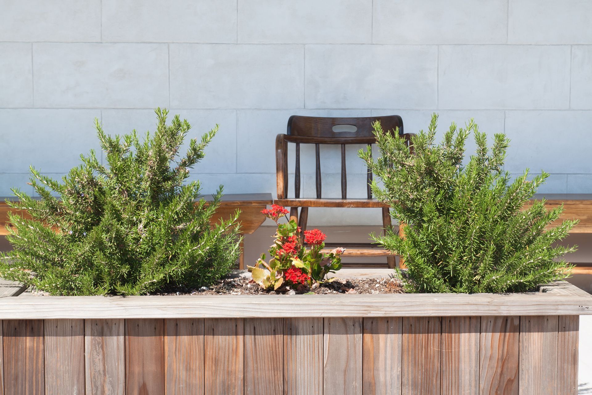 A wooden planter with flowers and a chair in the background
