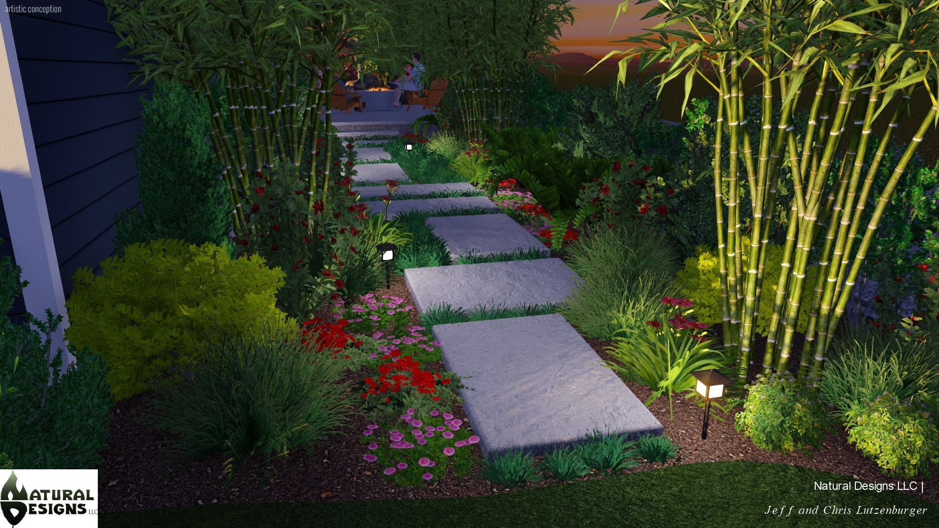 Stone pathway through a garden with bamboo, shrubs, and flowers lit by small lamps.