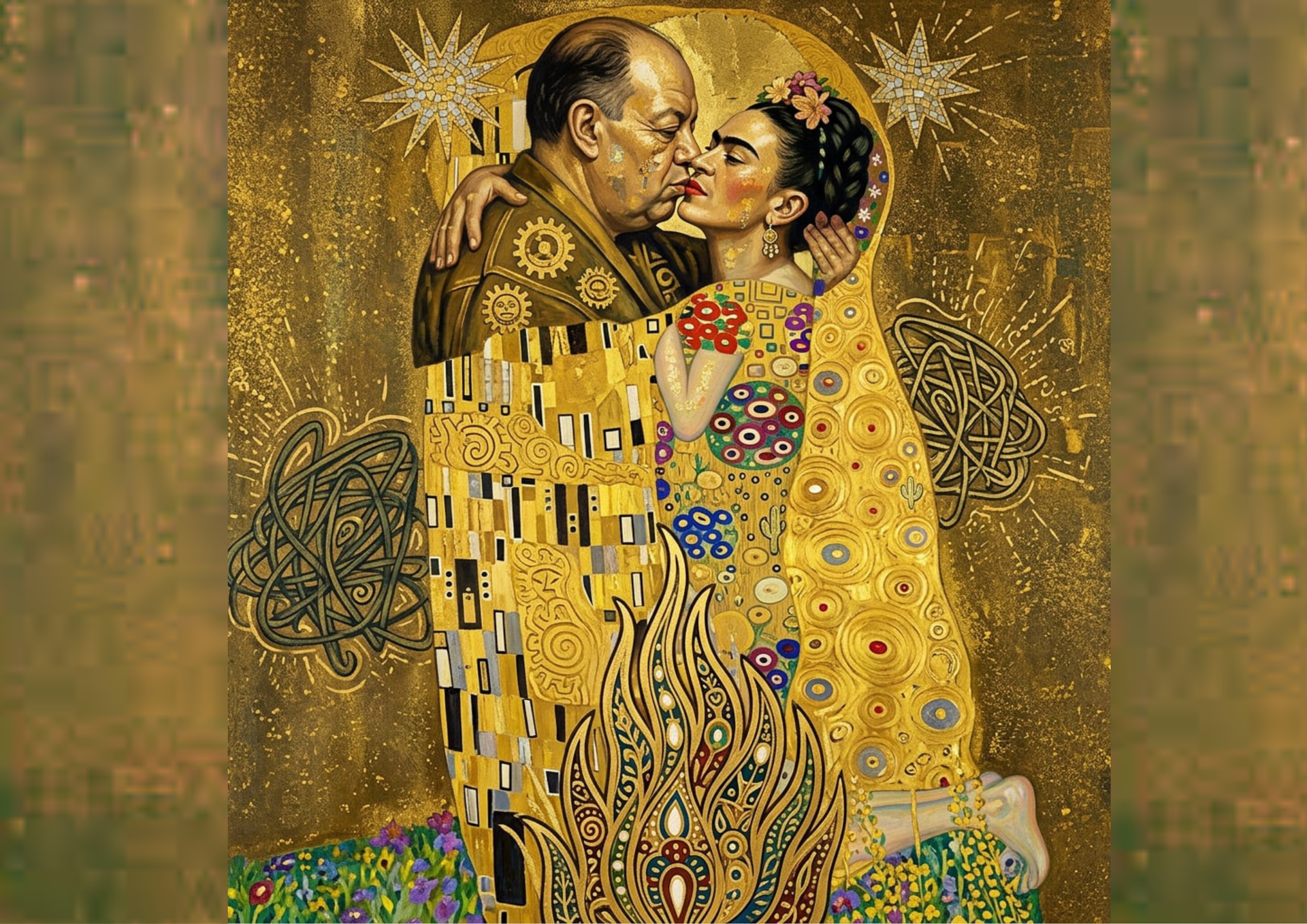 Una pareja al estilo Klimt, en tonos dorados, abrazándose, adornada con intrincados diseños y detalles florales.