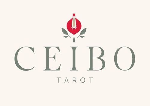 Logotipo de CEIBO Tarot con un icono de una flor roja sobre un fondo beige claro.