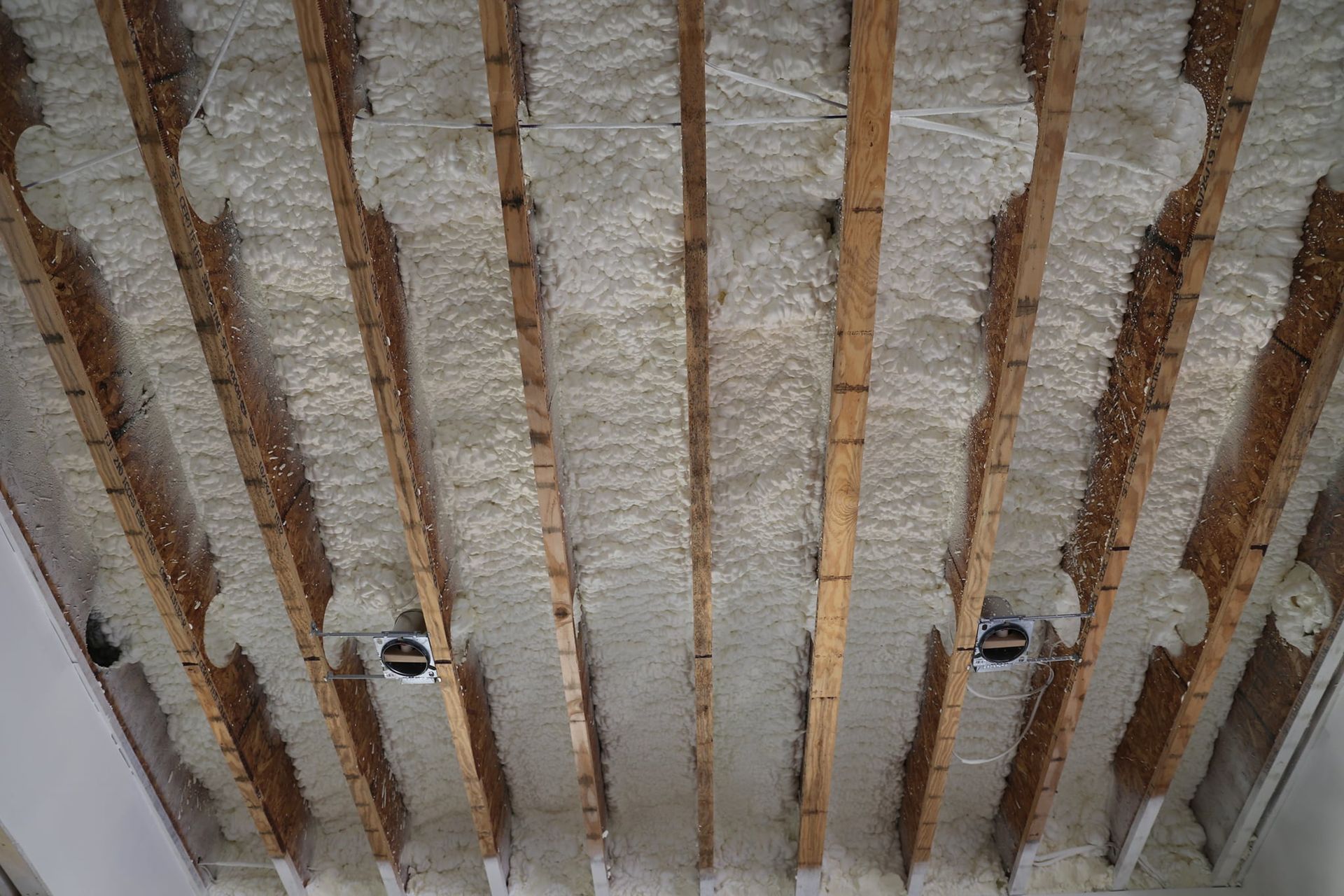 Spray foam insulation applied to the underside of wooden ceiling joists in a building.