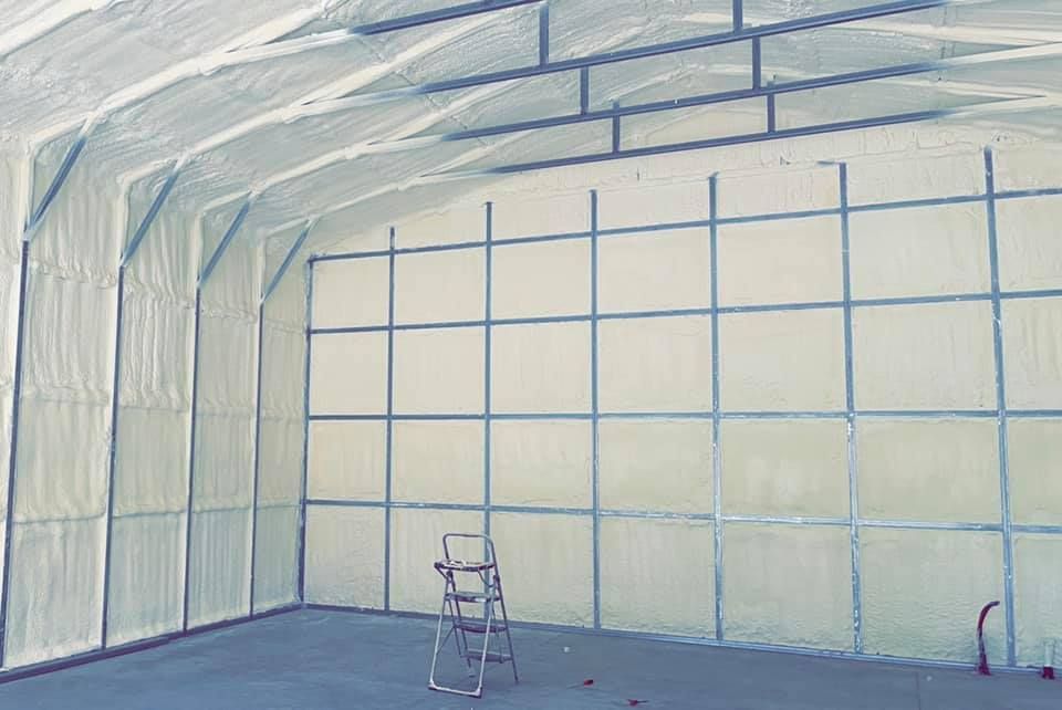 Interior of a building with metal framework. Walls and ceiling covered with translucent material; ladder in foreground.