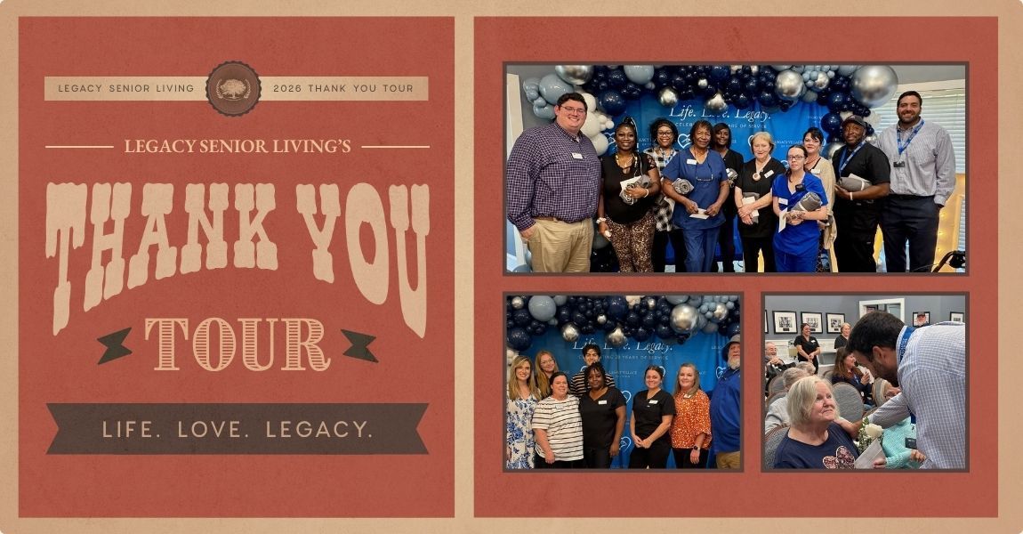 Thank you tour poster with a group photo collage in blue shirts on a red background.