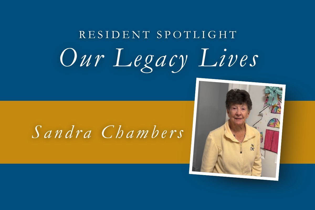 Resident Spotlight: Sandra Chambers. Woman in yellow shirt, art on wall. Text: Our Legacy Lives. Blue and gold background.