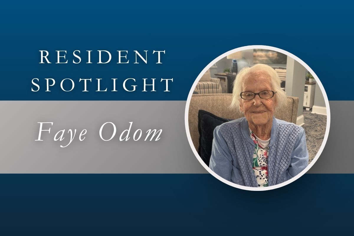 Resident Spotlight: Faye Odom. Elderly woman in glasses, smiles at camera. Blue, white, and gray background.