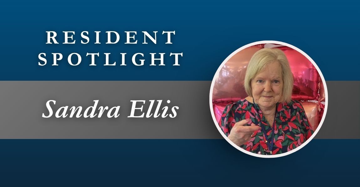 Resident spotlight banner for Sandra Ellis with her portrait on a blue background