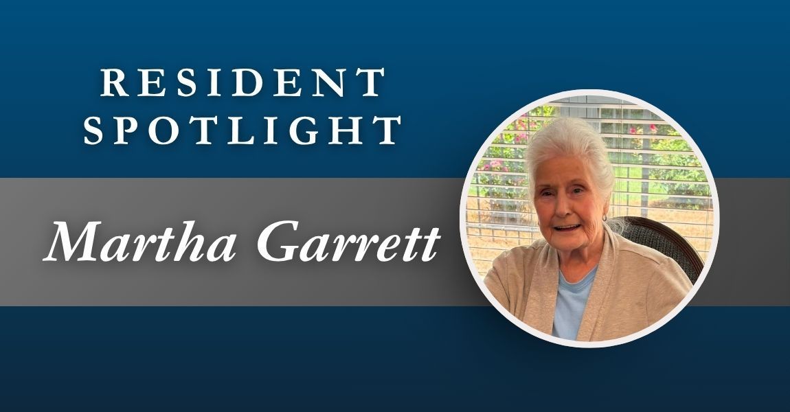 Resident Spotlight banner featuring Martha Garrett and her portrait on a blue background