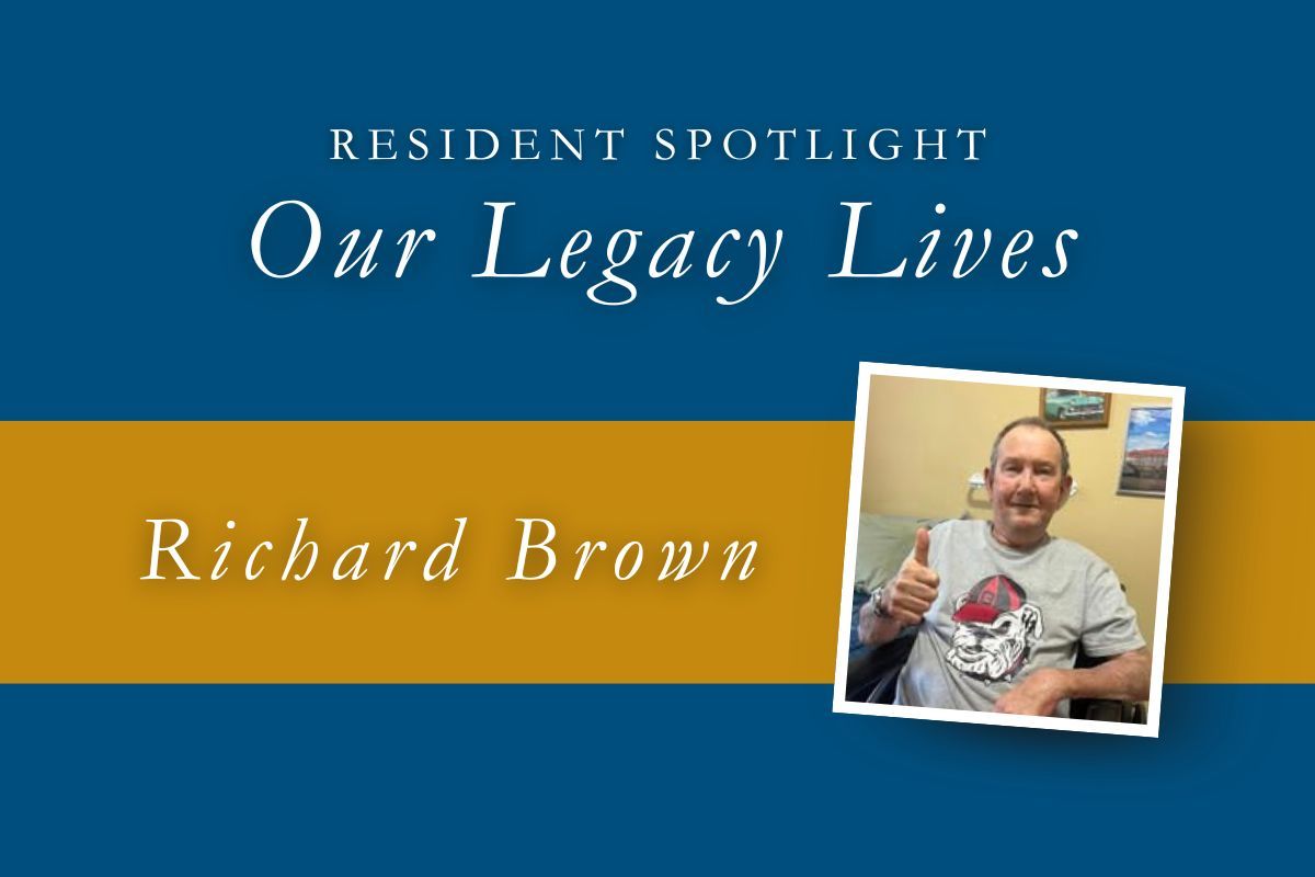 Resident spotlight: Richard Brown, smiling, giving a thumbs up. Text overlayed on blue and gold background.