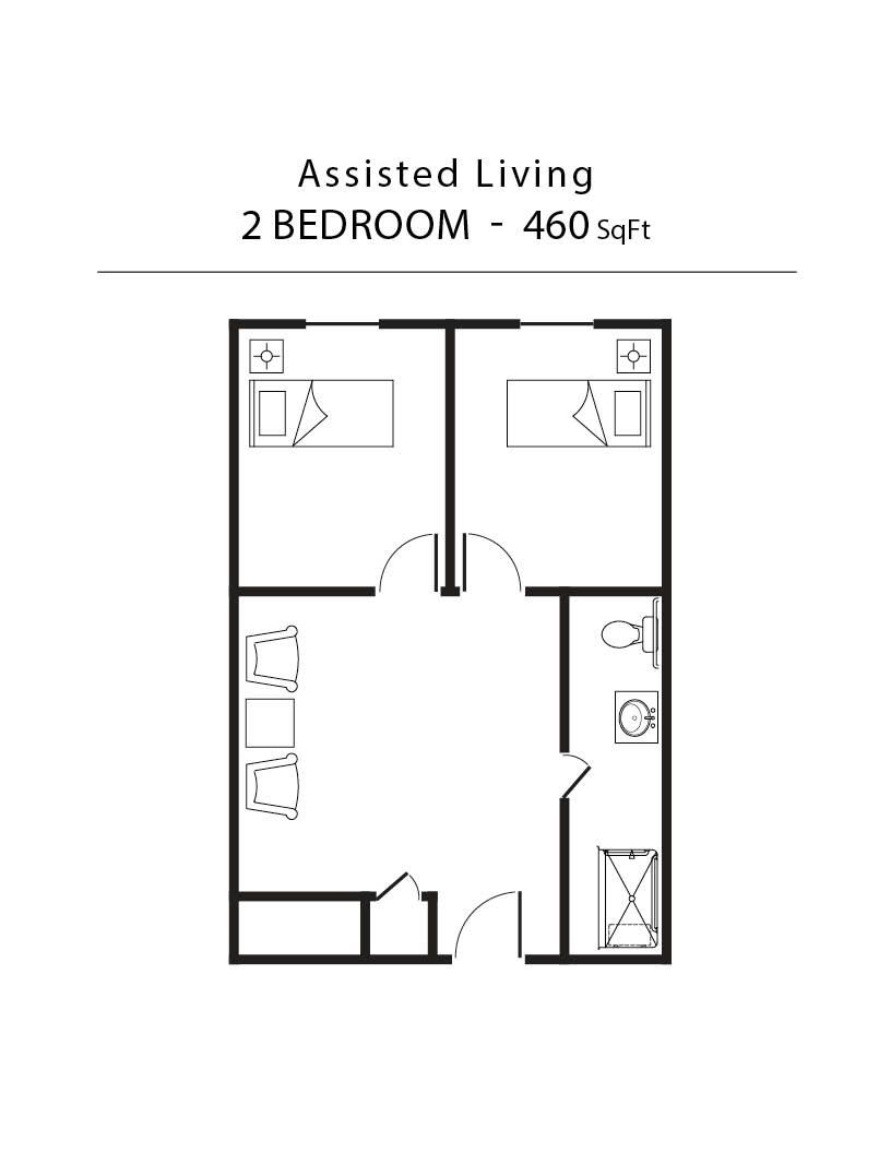 A black and white floor plan of a 2 bedroom apartment.