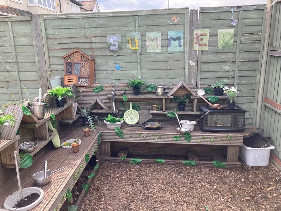 Our mud kitchen area for preschoolers in Chessington.