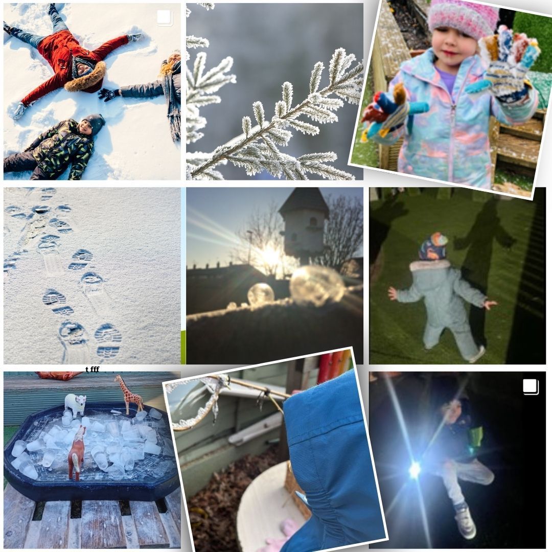 A collage of pictures of children playing in the snow
