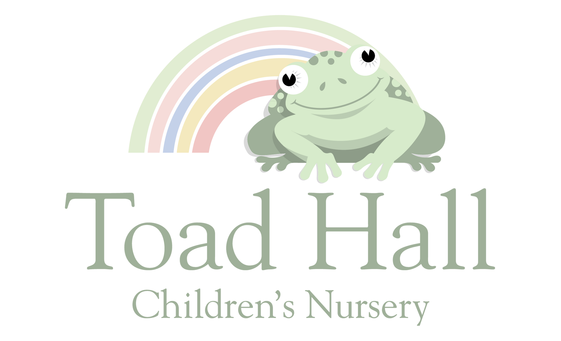 The logo for toad hall children 's nursery shows a toad and a rainbow.