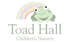 The logo for toad hall children 's nursery shows a toad and a rainbow.