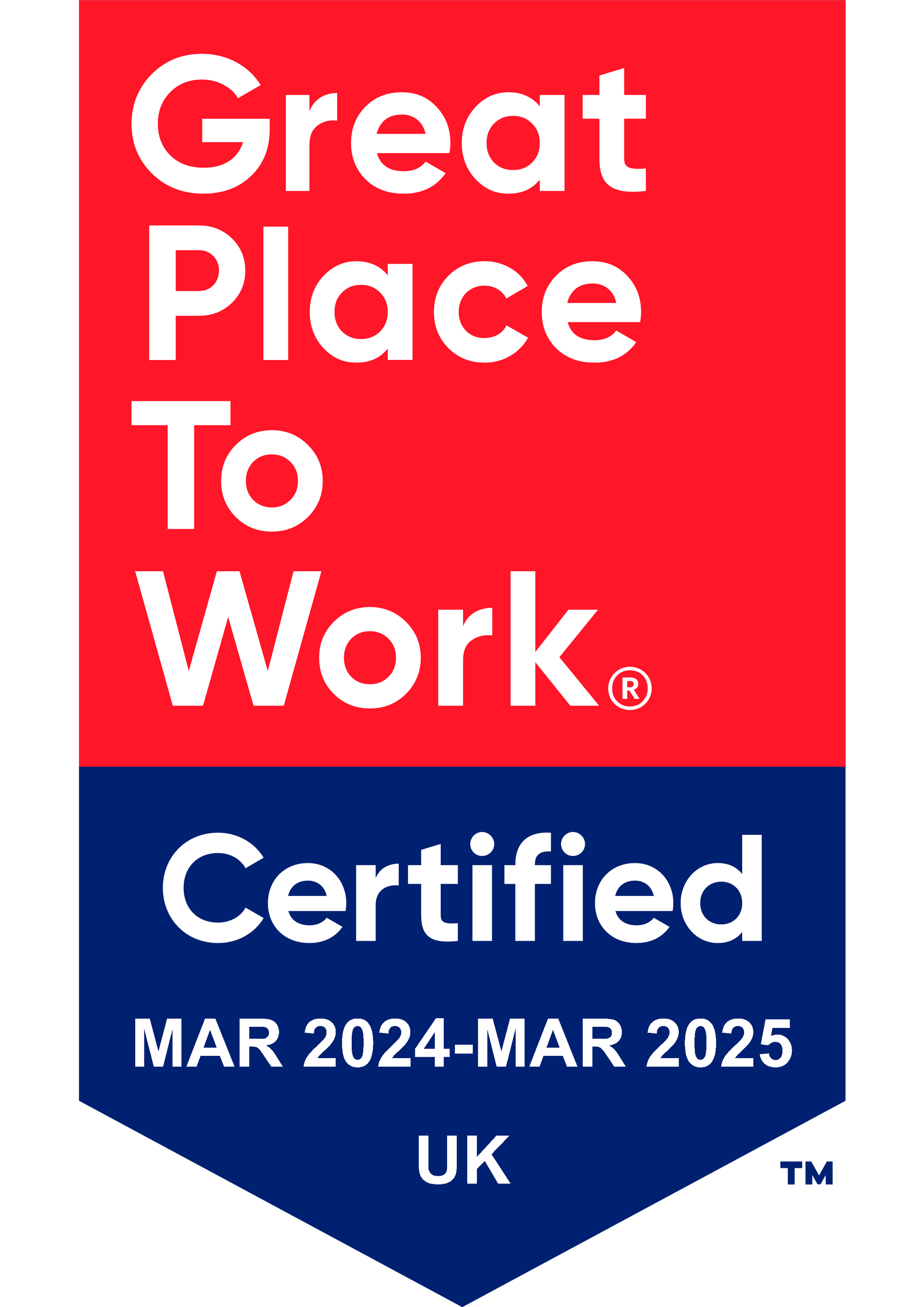 A red and blue banner that says `` great place to work certified ''.