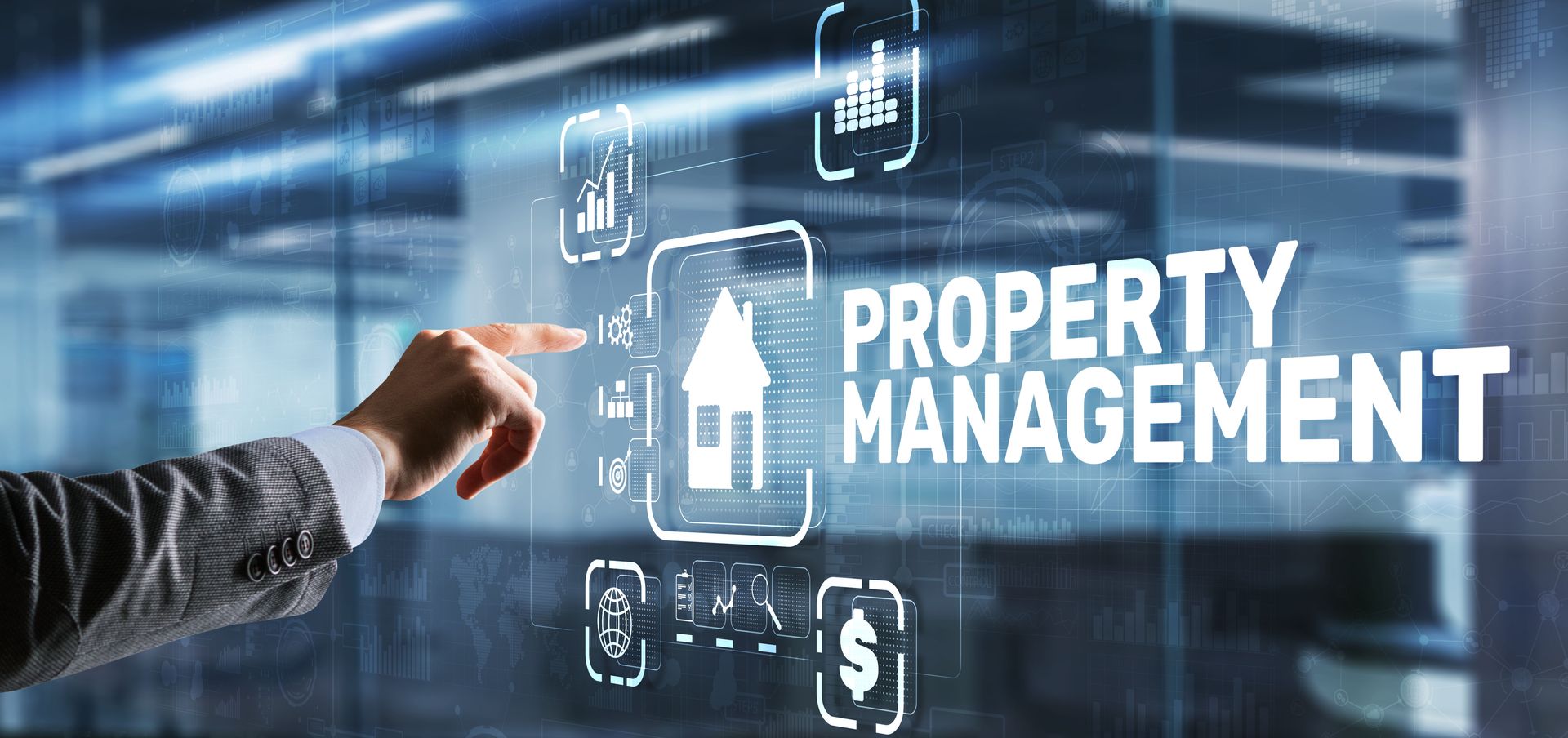 Hand pointing at digital property management icons on a transparent screen. Hand pointing at digital property management icons on a transparent screen.