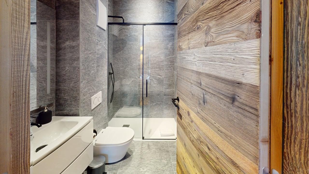 A modern bathroom with grey tiled walls, a white vanity and toilet, a walk-in glass shower, and a rustic wood-paneled wall.