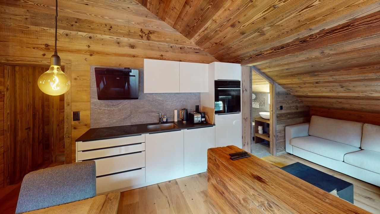 Un studio moderne et confortable avec des murs et un plafond en bois, comprenant un coin cuisine, un salon et une petite salle de bains.