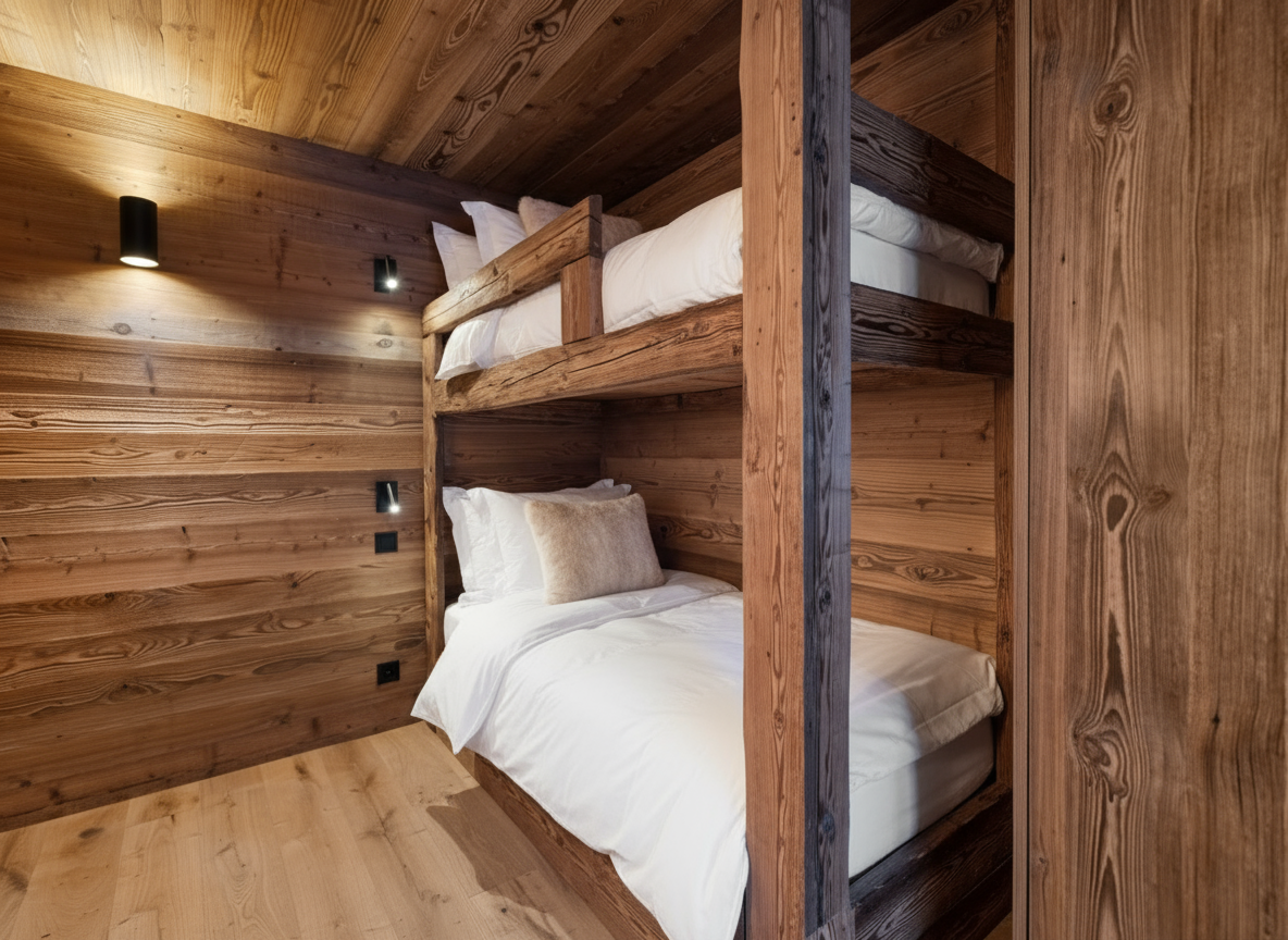 A cozy room featuring a wooden bunk bed with white bedding, set against rustic horizontal wood-paneled walls and flooring.
