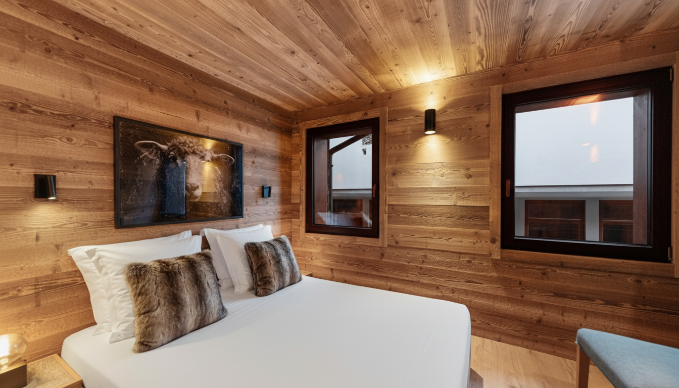 A cozy bedroom with light wood walls, a bed featuring white linens and faux fur pillows, two windows, and a wall picture.