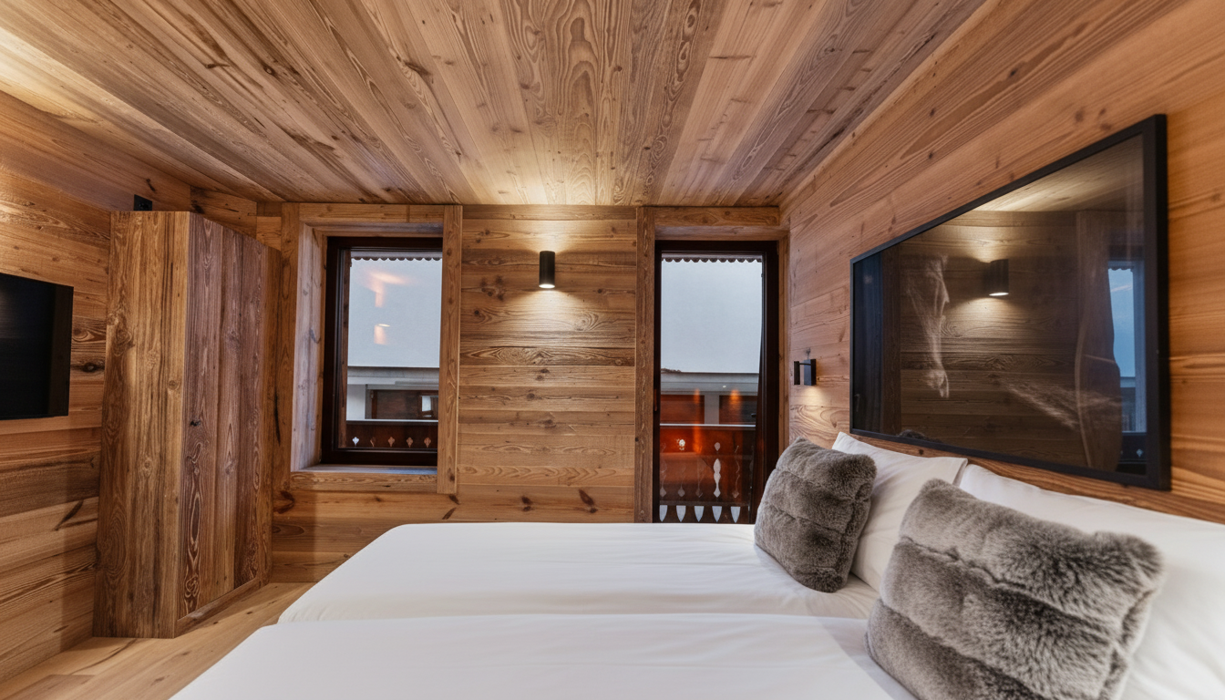 A cozy bedroom with wood-paneled walls and ceiling, a white bed with fur pillows, and two windows overlooking a balcony.