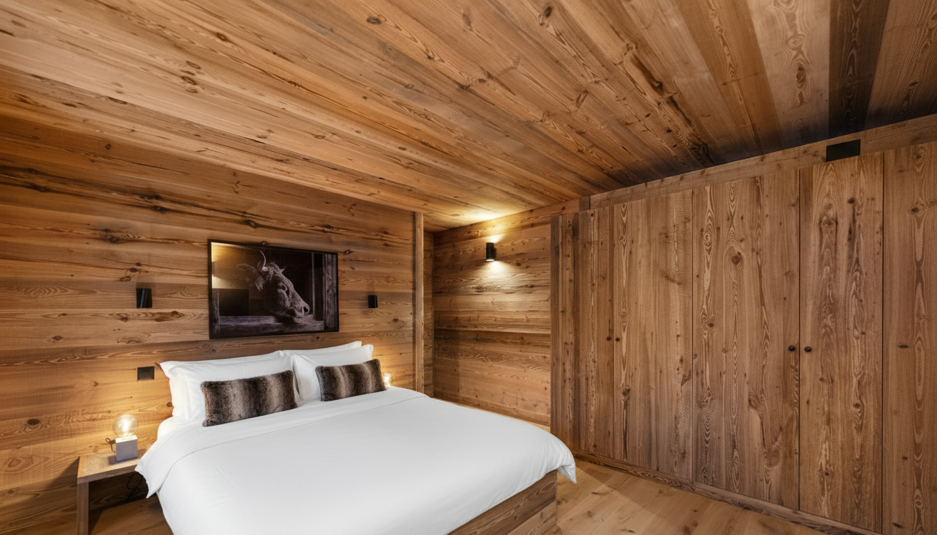 A cozy bedroom with wooden walls and ceiling, a bed with white linens, and tall wood-paneled closets on the side.