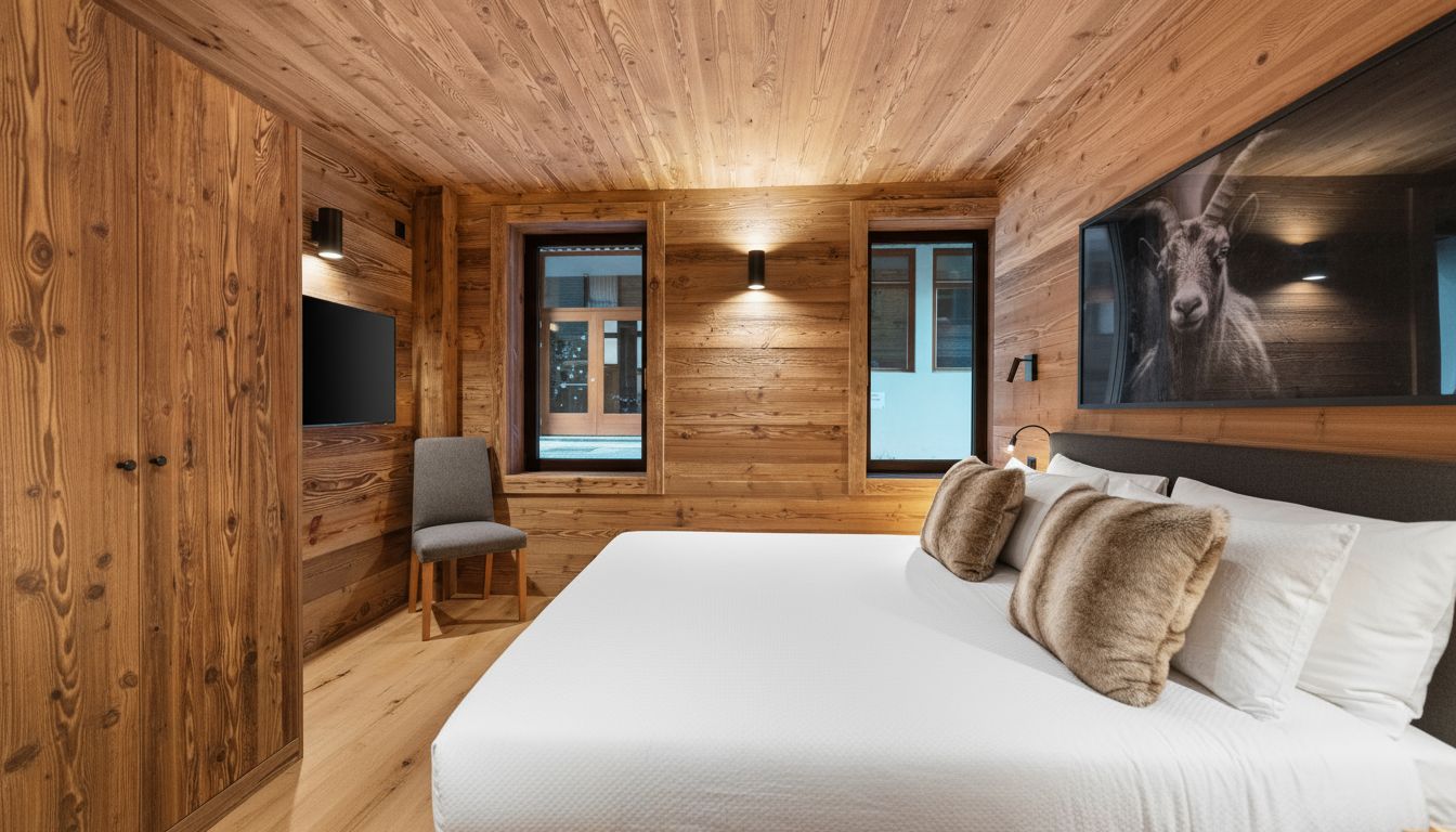 A modern rustic hotel bedroom with wood-paneled walls, a white bed, a gray chair, and a large print of an ibex on the wall.