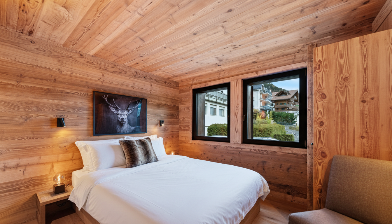 Une chambre aux murs et au plafond en bois clair, un lit avec des draps blancs, un imprimé cerf et deux fenêtres donnant sur l'extérieur.