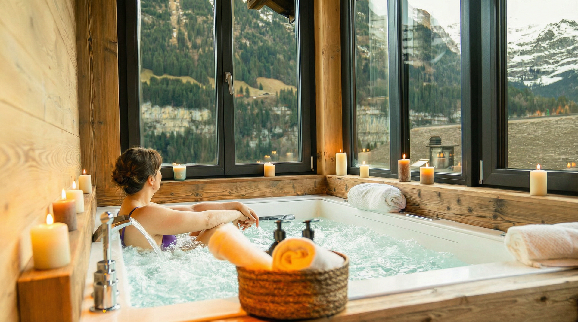 A person relaxes in a bubbling indoor hot tub overlooking a scenic, snow-dusted mountain landscape with candles nearby.