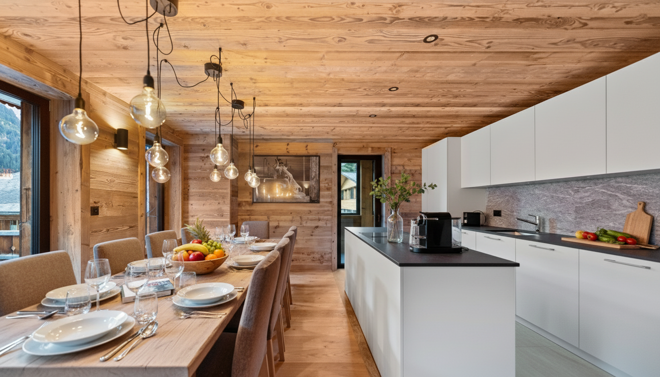 Modern alpine kitchen and dining area with warm wood walls and ceiling, a long wooden dining table, and white cabinets.