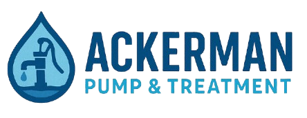 The logo for ackerman pump and treatment is blue and white. The logo for ackerman pump and treatment is blue and white.