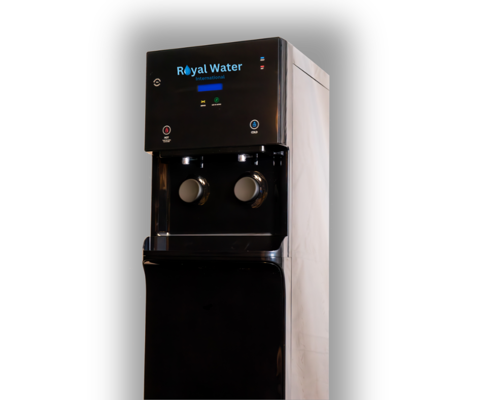 A black royal water dispenser on a white background