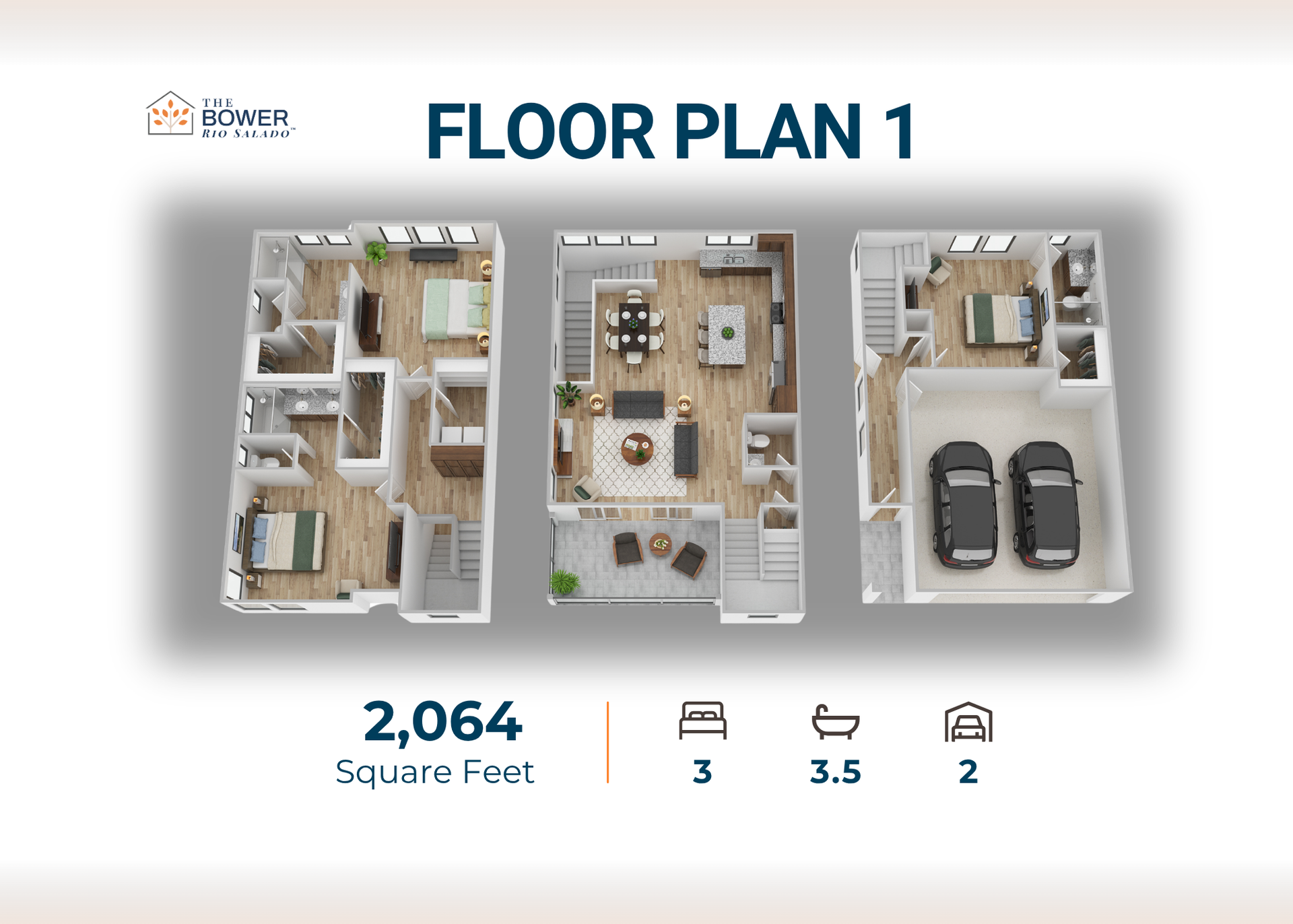 Floor plan with three 3D house layouts labeled 3rd Floor, 2nd Floor, and 1st Floor.