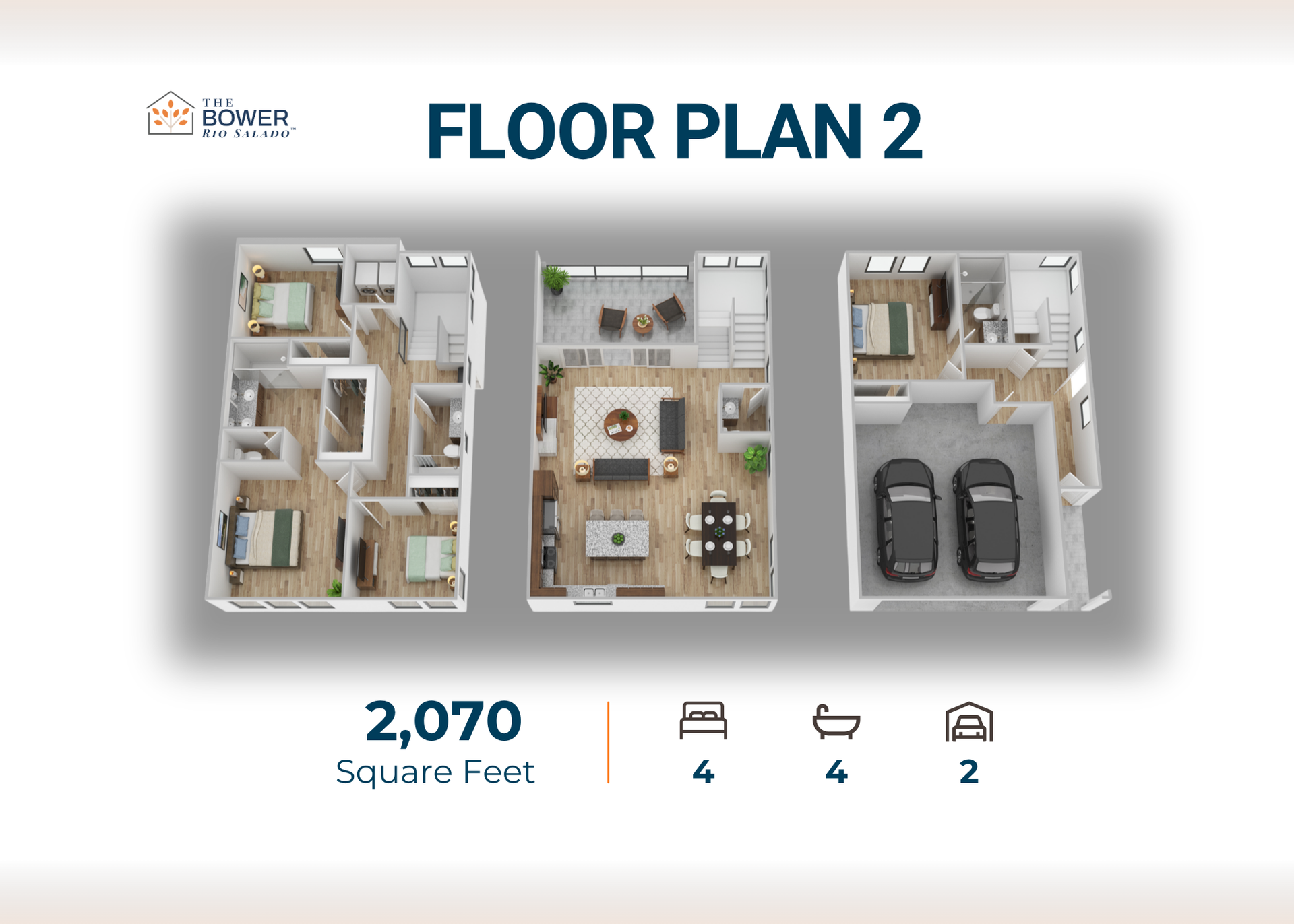 Floor plan 2 showing 3D layouts of a 2,070 sq ft home across three floors and the roof deck.
