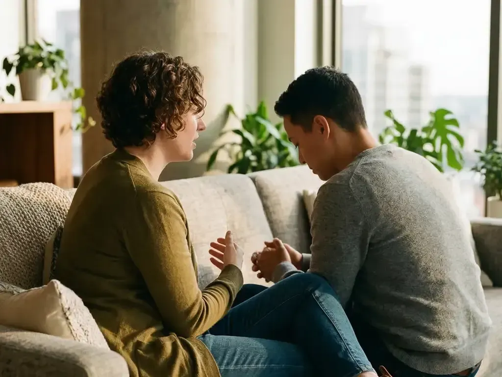 Two partners sitting on a couch having a conversation, couples therapy support in New York City.