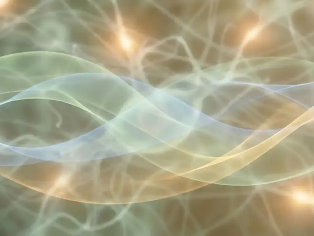 Abstract illustration of calming blue, sage, and gold waves integrating over glowing neural pathways