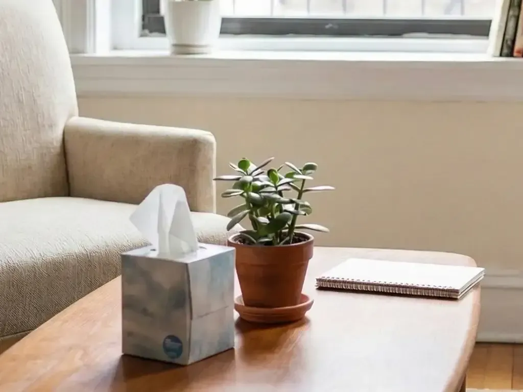 A comfortable NYC therapy office setting featuring a beige armchair, a box of tissues.