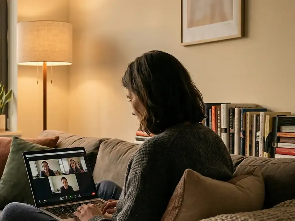 Woman sitting cross-legged on a couch in a cozy NYC apartment, attending a telehealth therapy video.